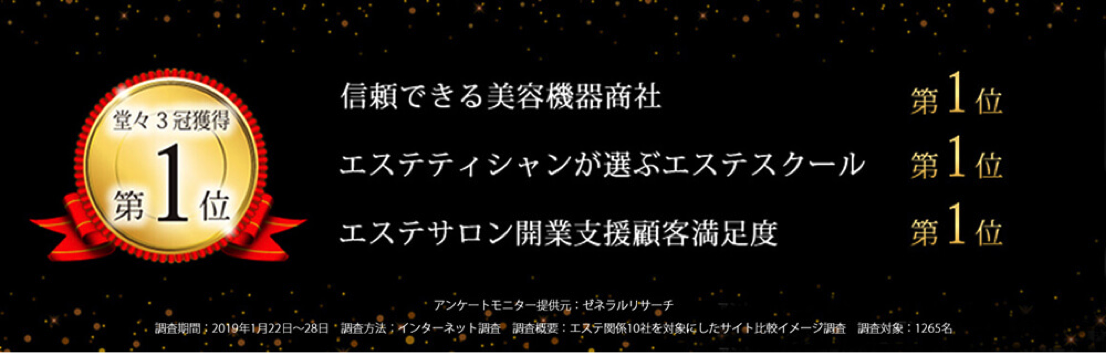 信頼できる美容機器商社第1位、エステティシャンが選ぶエステスクール第1位、エステサロン開業支援顧客満足度第1位